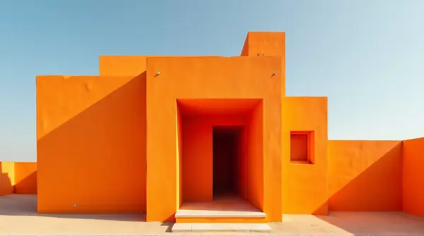 Low angle view of a tangerine cement building highlighting geometric shapes against clear sky