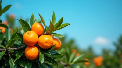 Tangerine Cluster With Greenery And Blue Sky