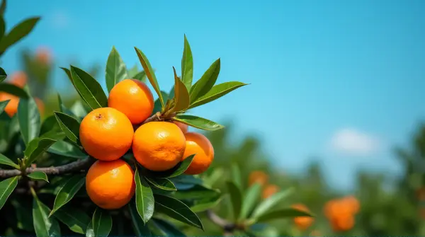 Cluster of tangerines surrounded by green leaves under a clear blue sky with soft natural light.