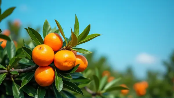 Tangerine Cluster With Greenery And Blue Sky