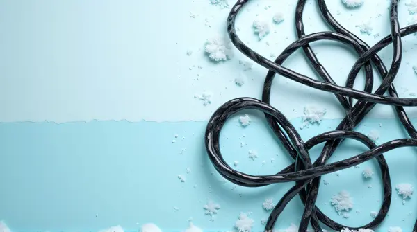 Top-down view of tangled glossy wires spread over a pale cerulean and snowy background