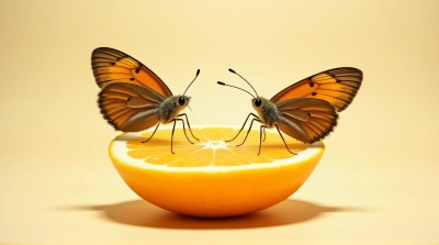 Tawny Butterflies on Citrus Slice Close-Up