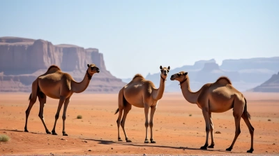 Tawny Camels Crossing Arid Landscape Under Sunlight