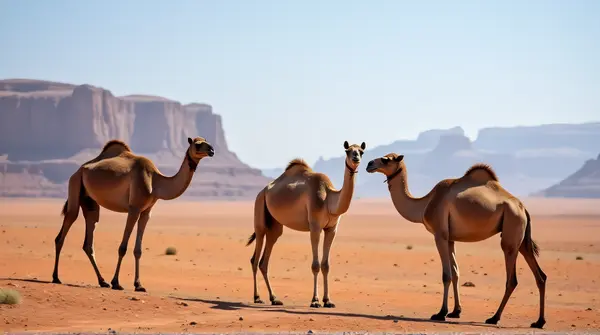 Three tawny camels walking across a dry landscape with rocky hills in bright daylight.