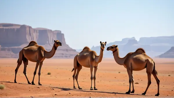 Tawny Camels Crossing Arid Landscape Under Sunlight