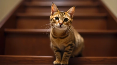 Tawny Cat On Polished Mahogany Staircase Focused Gaze