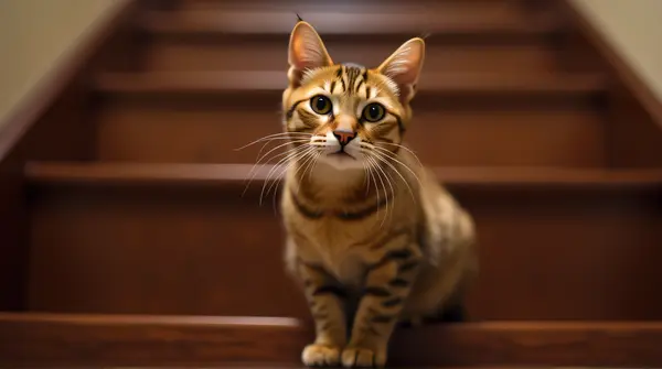 A tawny cat perched on a polished mahogany staircase with a focused gaze from a low angle.