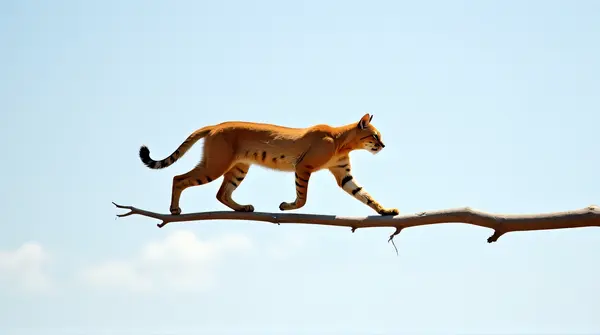 Tawny feline walking carefully along a thin horizontal limb against a clear sky