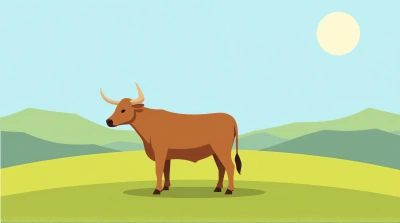 Tawny Cow Standing In Sunny Meadow Landscape