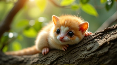 Tawny Creature Resting on Textured Limb in Sunlight