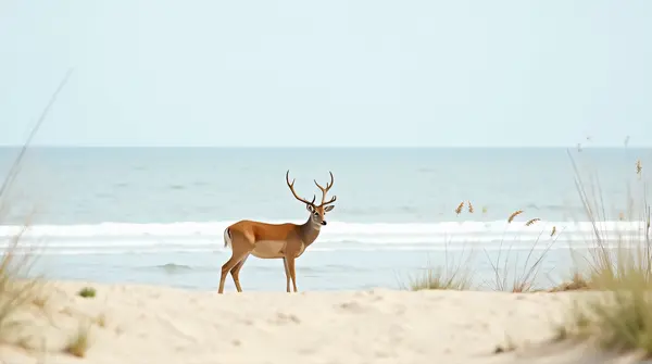 A tawny deer stands alone by a granular shoreline with dune grasses and gentle waves under a clear sky.
