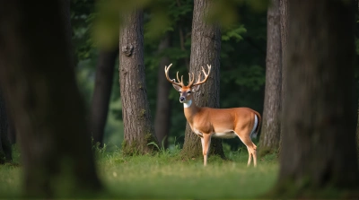 Tawny Deer Near Tree Trunks In Soft Light