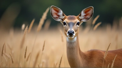 Tawny Deer Standing Among Tall Grasses Focused