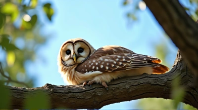 Tawny Ivory Owl Resting On Rustic Wood Limb