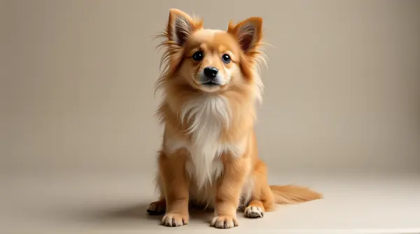 Portrait of a tawny and ash-colored long-haired dog sitting attentively against a soft backdrop