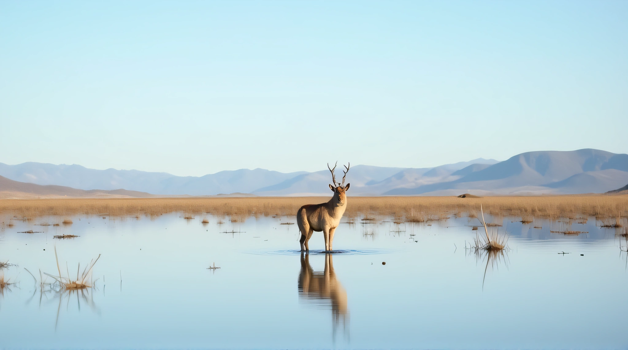 Tawny Mammal Standing On Glassy Lake Surface