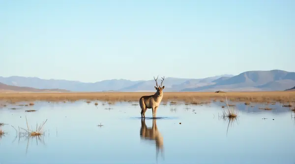 Tawny Mammal Standing On Glassy Lake Surface