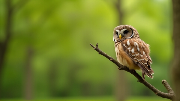 Side profile of a tawny owl resting on a thin limb with detailed feathers and soft green background