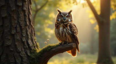 Tawny Owl Resting In Sunlit Woodland Clearing