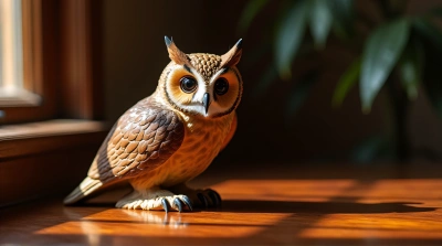 Tawny Owl Sculpture On Polished Table In Sunlight