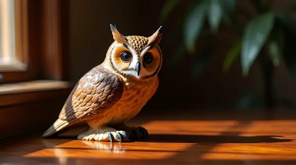 Tawny Owl Sculpture On Polished Table In Sunlight