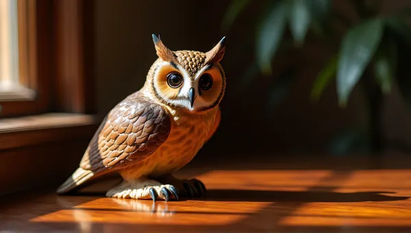 Tawny Owl Sculpture On Polished Table In Sunlight