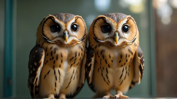 Two tawny owls with sharp eyes resting on a transparent glass pet enclosure