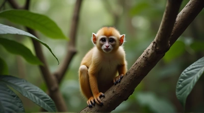 Tawny Primate Perched Among Dense Foliage