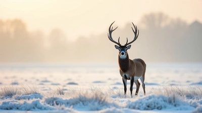 Tawny Stag In Frosty Morning Landscape