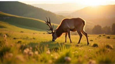 Tawny Stag Grazing In Sunny Meadow Landscape