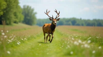 Tawny Stag Sprinting In Green Meadow