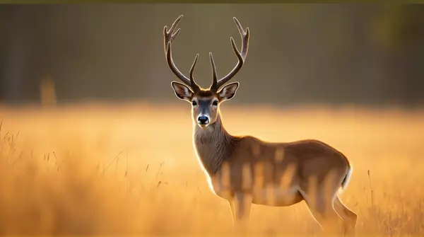 Solitary tawny stag standing alert in tall golden grass with textured fur and focused eyes