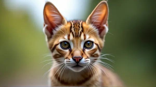 Tawny Striped Cat Face Focused Gaze Natural Background