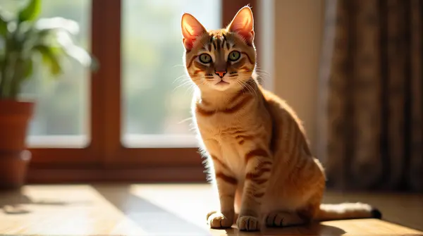 Tawny tabby cat sitting upright on wooden floor with sunlight casting soft shadows by a window.