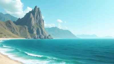Teal Ocean With Towering Rocky Peak And Shoreline