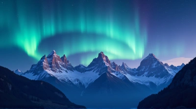 Teal Violet Sky Lights Above Jagged Peaks