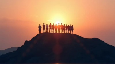 Team Standing On Rocky Peak At Twilight