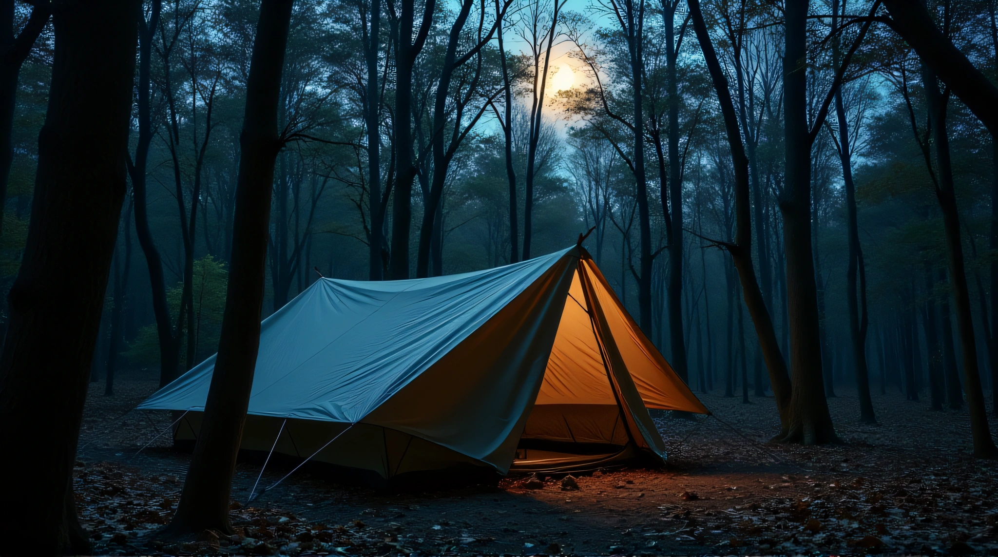 Tent Shelter Among Trees With Moonlight Glow