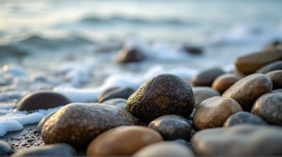 Textured Stones On Serene Shoreline With Foam