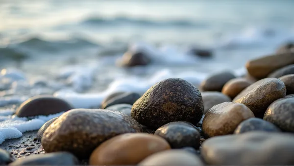 Textured Stones On Serene Shoreline With Foam