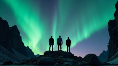 Three Men Exploring Under Colorful Aurora Sky