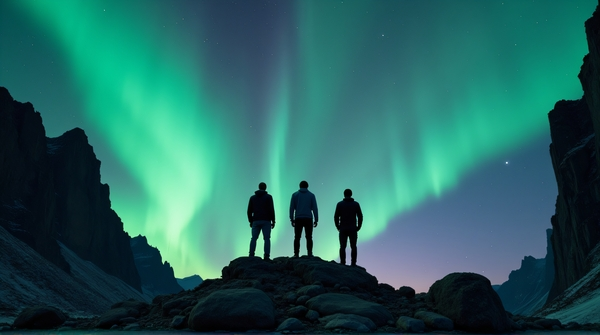 Three Men Exploring Under Colorful Aurora Sky