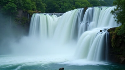 Tiered Waterfalls Flowing Into Misty Basin