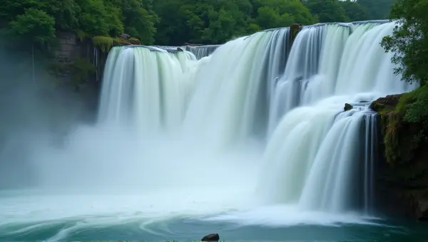 Tiered Waterfalls Flowing Into Misty Basin