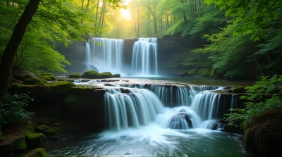 Tiered Waterfalls Flowing Over Mossy Stone Formations