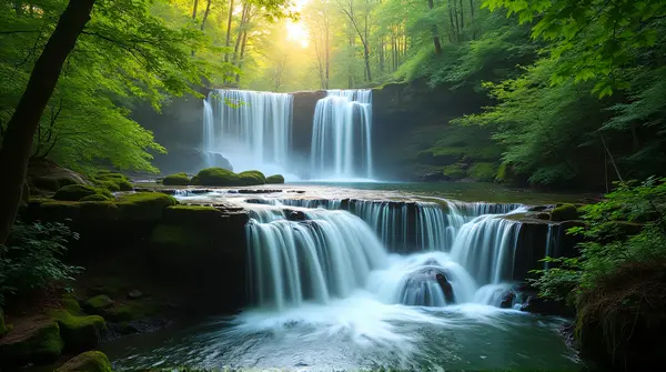 Tiered Waterfalls Flowing Over Mossy Stone Formations