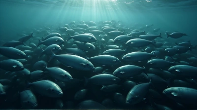 Tightly Clustered Slate-Colored Fish From Above
