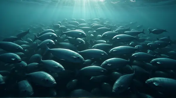 A large group of slate-colored fish clustered tightly, viewed from above with light casting shadows and highlights.