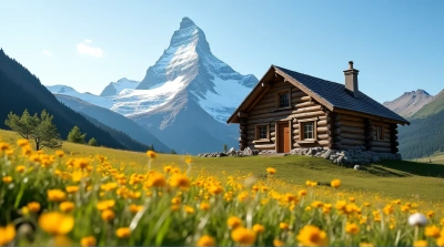 Timber Cabin In Vibrant Meadow Near Snowy Peak