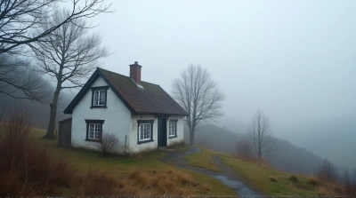 Timber Cottage Surrounded by Fog and Hills